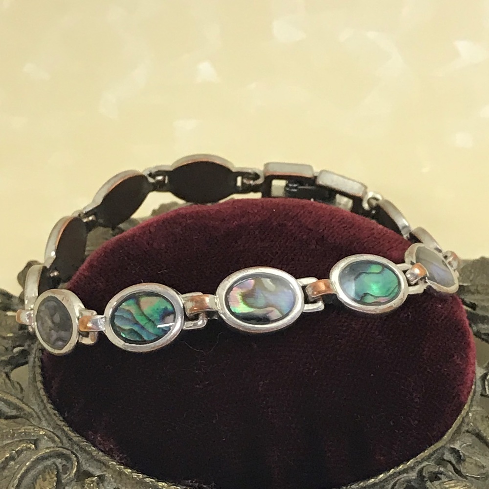 Vintage Inlaid Paua Shell Silver Tone Bracelet